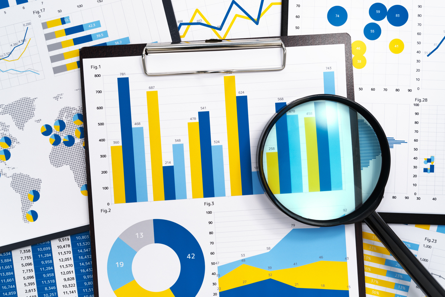 Analyzing marketing reports. Gathering statistical data.